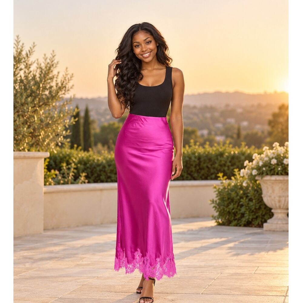 GLAM Fuchsia Pink Satin Lace Trim Pull On Maxi Skirt Elastic Waist S Excellent